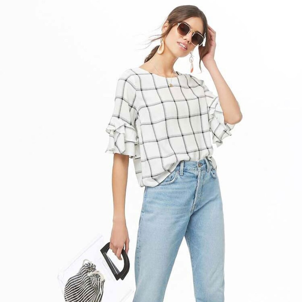 Grid Print Tiered-Sleeve Top/Blouse